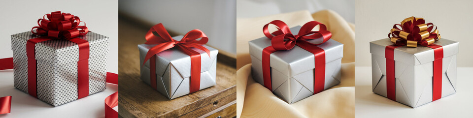 Silver gift box with red ribbon. Collection of classic luxury gift boxes with elegant ribbons. Set of gift preset boxes with ribbon of various styles.