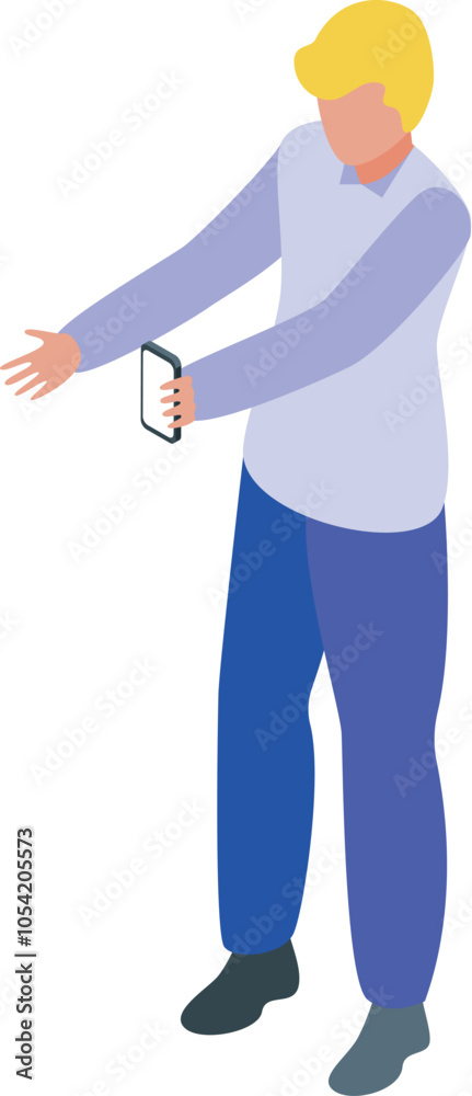 Poster office worker interacting with augmented reality app on smartphone, exploring virtual elements in is
