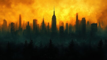 Fototapeta premium A Dark, Misty Forest Concealing a Silhouetted Cityscape Beneath an Orange Sky