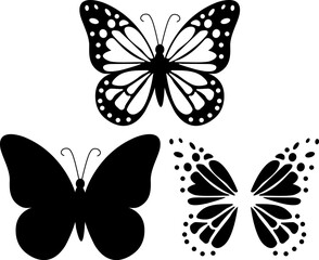 Elegant butterfly silhouette icon set in a minimalist style for logos, decorative elements, tattoo designs, and nature themed projects.