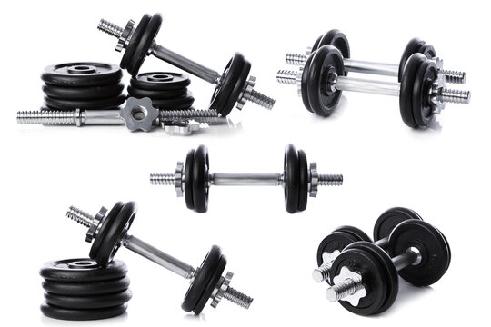 Collection of Adjustable Dumbbells on White Background