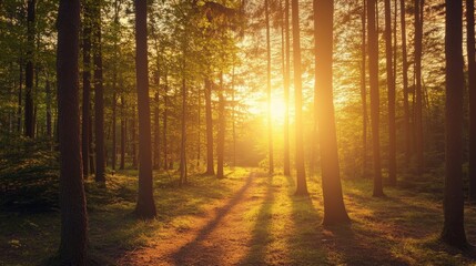 Fototapeta premium A serene forest scene at sunset, with sunlight filtering through tall trees along a dirt path.