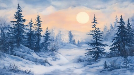 Obraz premium A serene winter landscape featuring tall trees, snow, and a soft sunset.