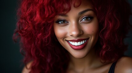 Fototapeta premium A stunning model with flowing, vibrant red curls. Her dazzling smile and luscious waves create an enchanting aura. This portrait embodies the essence of beauty