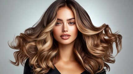 Fototapeta premium A stunning woman with elongated, lustrous, and wavy hair showcases skillful coloring and toning techniques. Her eye-catching shatush and balayage highlights enhance her natural curls