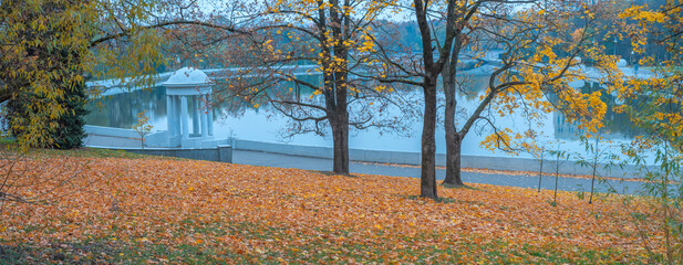 autumn landscape river city center of Minsk. Belarus