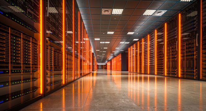Server room with orange lights reflecting on the floor