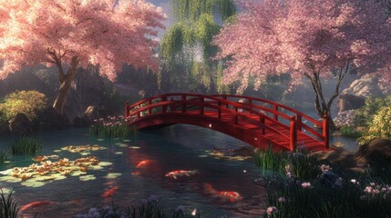 A serene Japanese garden with a red wooden bridge over a koi pond