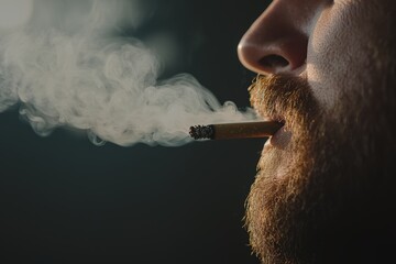Fototapeta premium Man exhaling smoke from a cigarette in a dimly lit environment during late evening hours