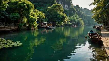 Obraz premium Picturesque Waterway with Traditional Boats and Lush Flora