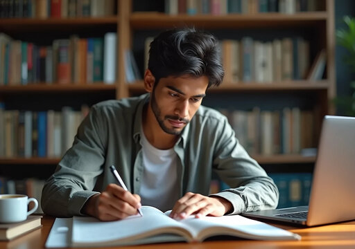 Focused indian student studying with laptop in a library