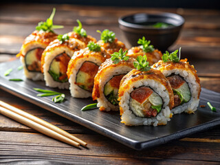 Delicious sushi rolls featuring spicy tuna and crispy tempura bits, beautifully arranged on sleek black plate, garnished with fresh herbs, perfect for gourmet dining experience