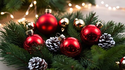 Obraz premium A beautiful arrangement of shiny red Christmas ornaments and pinecones rests on a lush pine wreath, surrounded by soft, glowing lights, creating a cozy holiday atmosphere