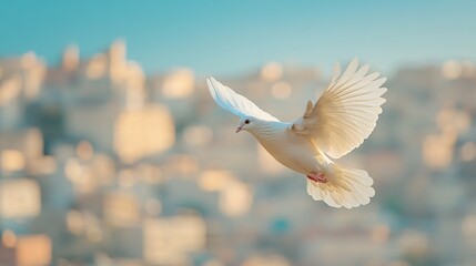 Fototapeta premium A white peace dove flying against a blue sky above a middle east city