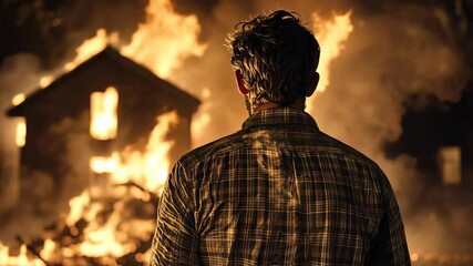 A man in a plaid shirt watches a house burn in the distance
