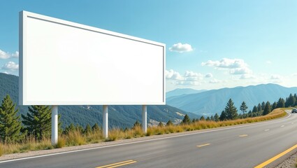 Fototapeta premium White billboard near the road with mountain view, clean and minimalist design, large and empty, ready for custom text or graphics. horizontal advertisement mockup, summer