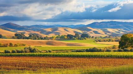 Fototapeta premium A scenic landscape featuring rolling hills, vineyards, and a dramatic sky.
