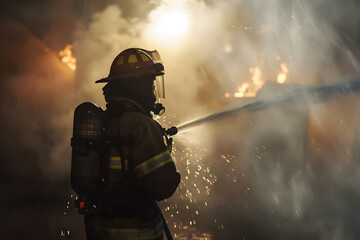 Firefighter is spraying water on a raging fire.