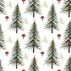 Vector New Year pattern with Christmas tree and fly mushrooms