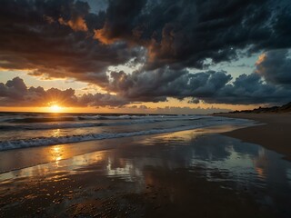 Scenic sunset over a beach with reflective wet sand and dark clouds.