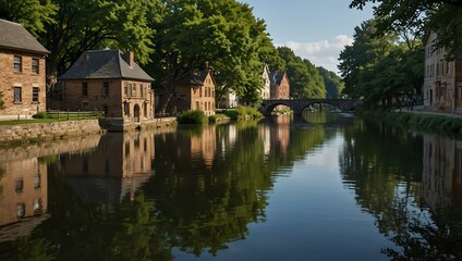Obraz premium Scenic view of a tranquil waterway with historic buildings.