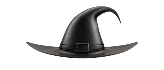 A black witch hat with a black belt and a black pointy hat