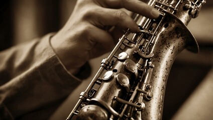 Obraz premium Sepia-toned image of a musician playing saxophone, focusing on hands and instrument.