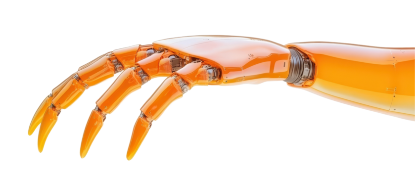 A robotic hand with orange claws is shown in a white background