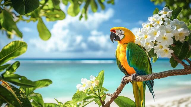 A large beautiful ara macao parrot sits on a tree branch with white frangipani flowers on a background of palm trees, sandy beach and blue ocean