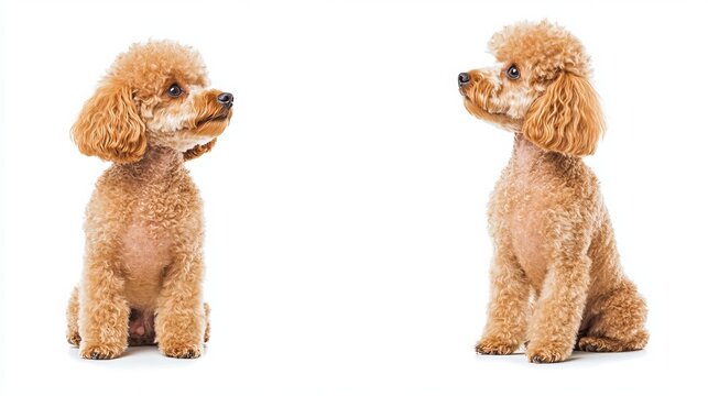 Before and after images of an apricot toy poodle, groomed on a white background. 