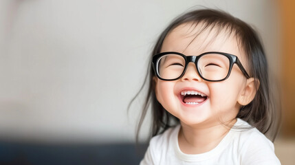 Fototapeta premium Happy Asian baby in glasses laughing with joy, capturing a playful and heartwarming moment in a close-up shot with copy space