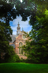 Church appearing through branches and leaves of trees. 