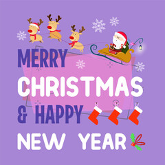Fototapeta premium Merry Christmas lettering with Santa Claus in sleigh, reindeers and socks. Christmas greeting card. Handwritten text, calligraphy. For leaflets, brochures, invitations, posters or banners.