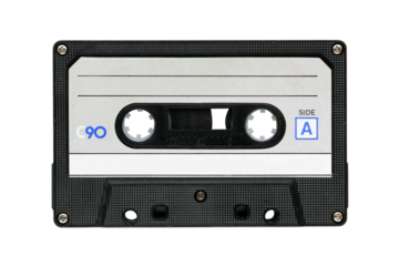 Close up of vintage audio cassette, isolated on white background