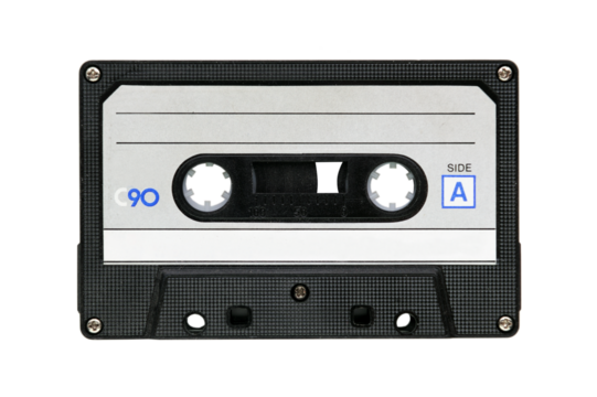 Close up of vintage audio cassette, isolated on white background