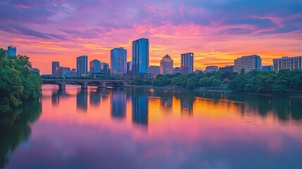Fototapeta premium City's towering skyscrapers line the River under a summer sunset. This business district showcases the city's modern architectural marvels against the backdrop of a vibrant evening sky. 