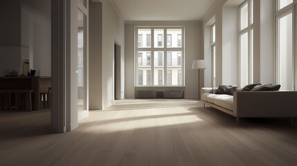 Fototapeta premium Modern Scandinavian-inspired living room with a light wood floor, white walls, and minimalist furniture, creating an open, airy vibe