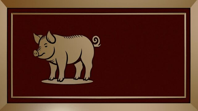 Chinese zodiac sign of a pig to the left on a metal frame with red velvet background