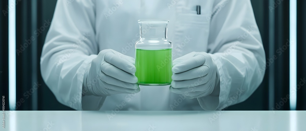 Poster green liquid in laboratory flask held by scientist