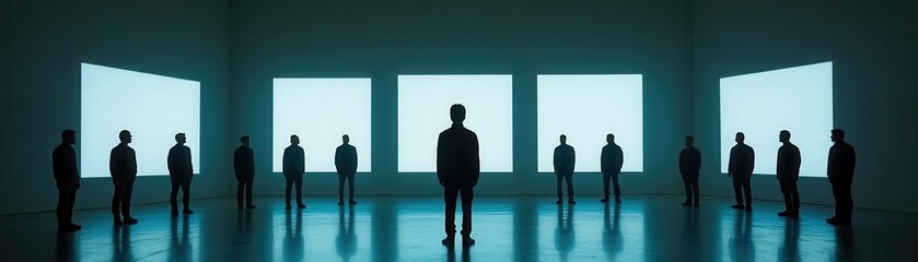 Obraz premium A solitary figure stands amidst a group in a dimly lit space, creating a striking contrast in a modern artistic environment.