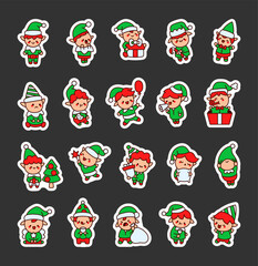 Fototapeta premium Cute kawaii cartoon outline Christmas elves collection with different poses and festive items for winter holiday season