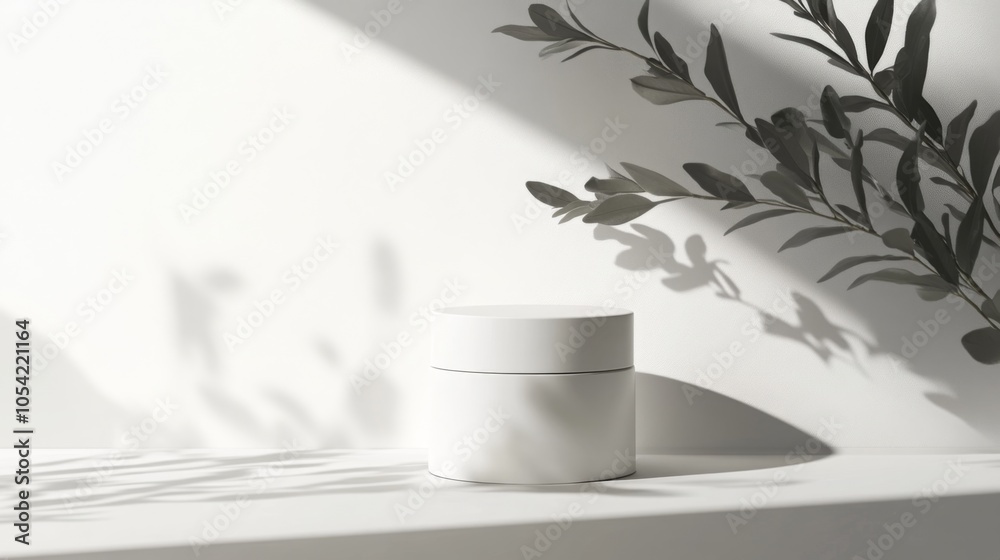 Poster a round white skincare jar rests on a light-colored surface, illuminated by natural sunlight. shadow