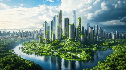 Fototapeta premium futuristic eco-cityscape brimming with lush greenery, innovative skyscrapers, and expansive parks, illustrating a harmonious blend of nature and urban life, rendered in vibrant digital art