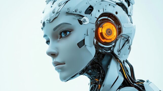 futuristic female robot with intricate artificial intelligence features, creating a striking visual of technology and innovation set against a sleek background