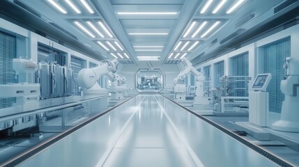 Naklejka premium futuristic smart factory interior showcasing advanced automation and robotics, illustrating industry 4.0 concepts with interconnected machines and innovative engineering processes