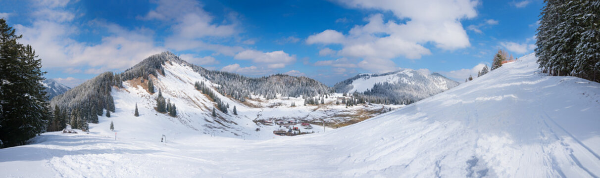 alpine winter landscape panorama Spitzing, view to Bodenschneid and Brecherspitz mountain, bavarian alps