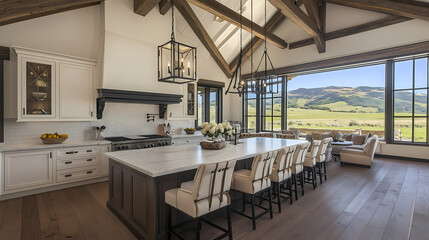 Open-concept kitchen with handleless white cabinets, a waterfall countertop island, and an open shelving system