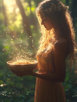 Beautiful shaman, priestess wearing flower crown and long dress holding bowl with golden grains, magical light falling in the forest; ritual ceremony in a fairytale; druid medicine woman