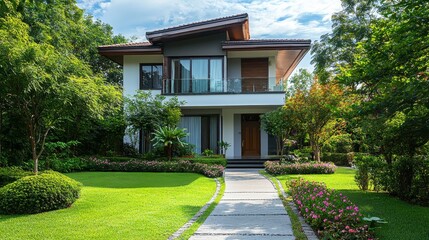 Modern house surrounded by lush greenery and a well-maintained garden path.