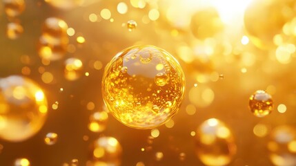 golden oil bubbles floating in 3d space, capturing light and reflections, creating an abstract yet luxurious feel that evokes elegance and premium quality